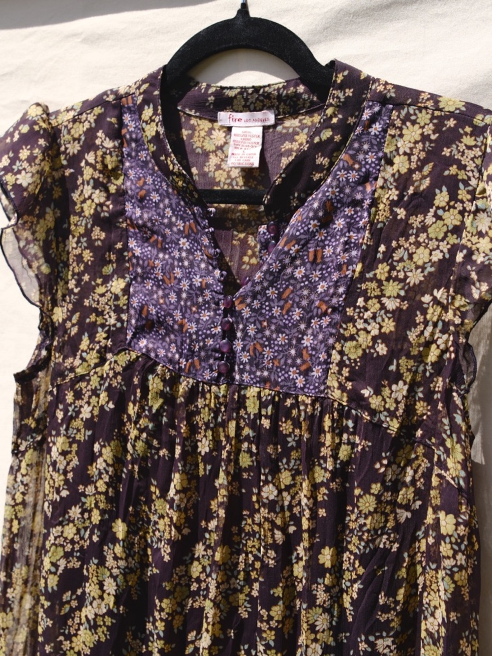 Fire Los Angeles Floral Babydoll Dress Flutter Sleeve Boho Purple Size L - Picture 3 of 10